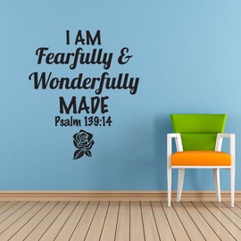 Family I Am Fearfully and Wonderfully Made Loving Quote Wall Decal Decoration Psalm 139:14 Beautiful Bible Verse Beautiful Rose Flower Lasts Years and Easily Removable - Size: 9 in(W) x 10 in(H)