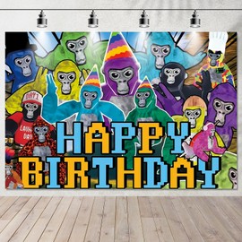 Gorilla Happy Birthday Backdrop, Photography Backdrop Photo Background, Happy Birthday Banner Party Supplies for Kids Party Decorations 5x3FT