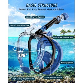 X99 Full Face Snorkel Mask for Adults, Snorkeling Gear with Latest Dry Top Breathing System Anti-Fog & Anti-Leak, 180°Panoramic View Snorkeling Set Adult with Camera Mount(Cerulean Blue L/XL)