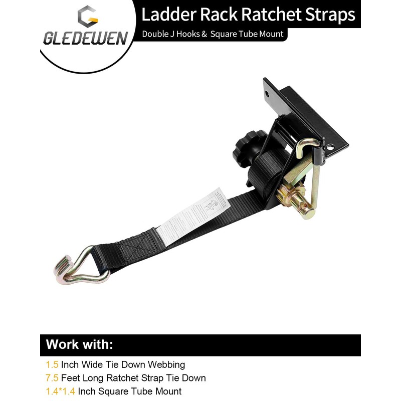 Ladder Rack Ratchet Straps with J-Hook (4 PCS), 1.4" Black