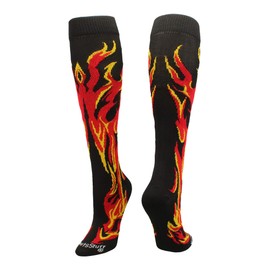 MadSportsStuff Flame Socks Athletic Over the Calf Socks (Black/Red/Gold, Small)