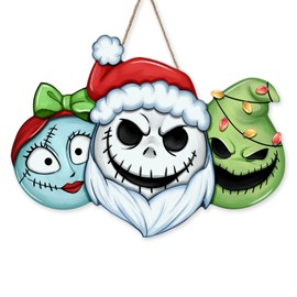 YMCAFZ Christmas Jack Front Door Sign, Xmas Green Monster Wood Door Hanger Outdoor Outside Porch Decor, Funny Winter Holiday Wooden Wreath Indoor Wall Hanging Decoration