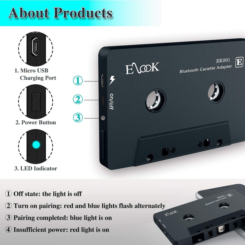 Elook Car Audio Receiver, Bluetooth Cassette Receiver Tape Aux Adapter