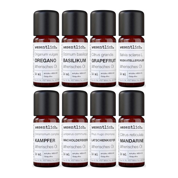 Essential Oils Set No. 3 (Basic Fragrances) of wesentlich. Oregano, Basil, Grapefruit, Mountain Pine, Clary Sage, Juniper Berry, Camphor and Mandarin - 100% Natural