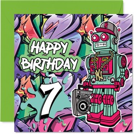 7th Birthday Cards for Boys - Wicked Graffiti Robot - Happy Birthday Card for 7 Year Old Boy Nephew Son Great Nephew Cousin, 145mm Bday Greeting Cards