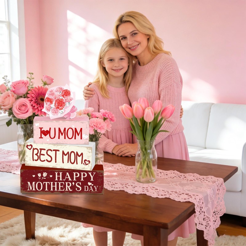 HABDJILTY 4 Pcs Happy Mother’s Day Wooden Table Decorations Best