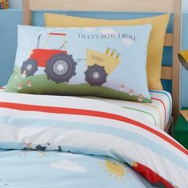 Bedlam - Farm Duvet Cover Sets - Single Bedding Size (200 x 140cm) - Farm Animals & Construction Tractor Bedding - Reversible Design - Farmyard Friends Collection, Blue