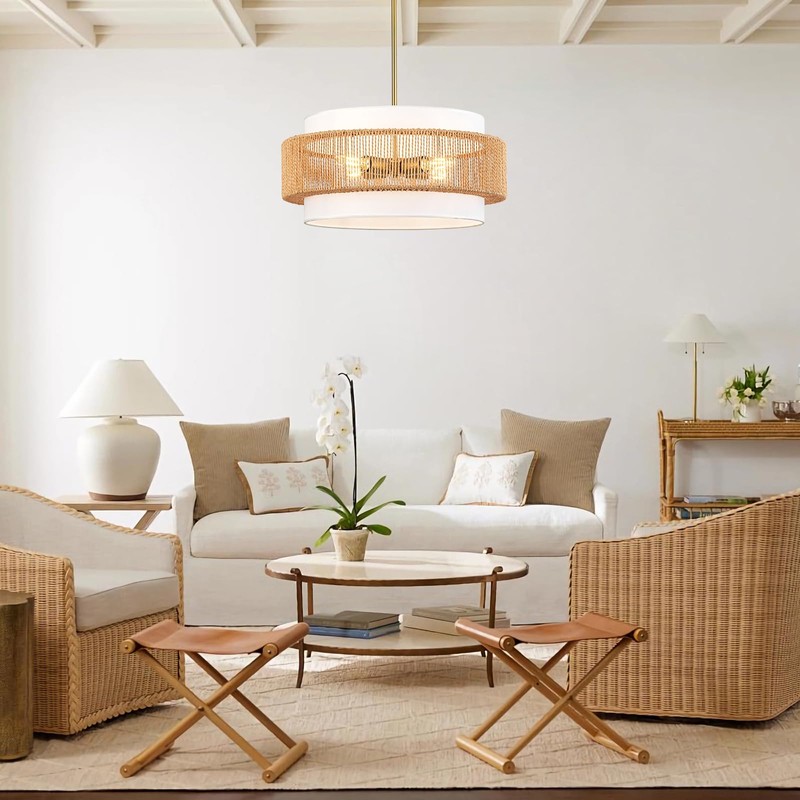 Boho Rattan Chandelier, 19.7" Large Boho Pendant Light with Fabric