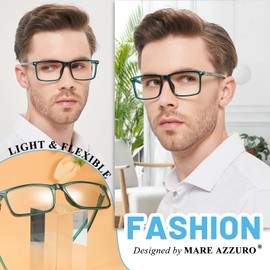 MARE AZZURO Large Square Reading Glasses +2.25 Men Lightweight Flexible Readers 1.00 1.25 1.50 1.75 2.00 2.25 2.50 2.75 3.00 3.50 (Green, 2.25)