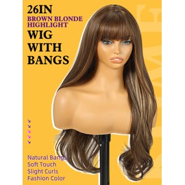 KOME Brown Blonde Highlight Wigs with Bangs,Brown Layered Wig for Women,Long Wavy Wigs Synthetic Hair Wig for Party Daily Use 26IN