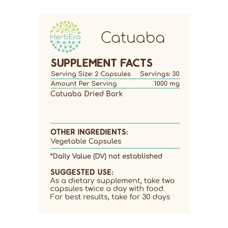 HerbEra Catuaba 60 Capsules, 500 mg, Wildcrafted Catuaba (Erythroxylum catuaba)