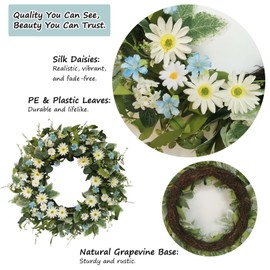 Zkieire 24 Inch Wreaths for Front Door, Large Spring Summer Artifiical Wreath with Blue White Daisy Flower, All Season Floral Wreaths for Porch Window Wall Decor Outside Indoor Outdoor Decorations