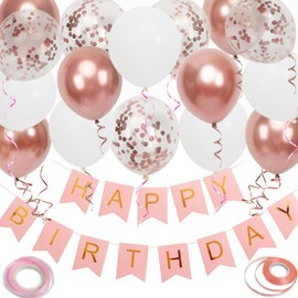 Happy Birthday Banner, Rose Gold Birthday Decoration, 16 pcs 12 inch Happy Birthday Balloons with 2 Ribbons for Girl and Women Birthday Party Decoration