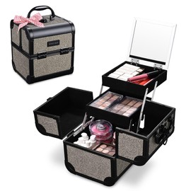 BYOOTIQUE Makeup Train Case 2-Tier Trays Portable Cosmetic Cases Travel Makeup Storage Organizer Lockable Box with Mirror for Makeup Artist Nail Tech,Rococo GainsBoro