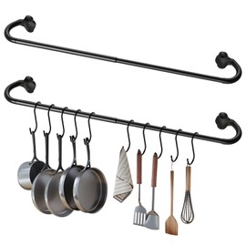 Mogaath 2Pack Hanging Pot Pan Rack, Heavy Duty 5/8'' Diameter Adjustable Kitchen Organizer, 32 Inch Iron Wall Mounted Pot Rack Detachable Rail with 10 Hooks for Pots, Pans, Lids, Utensils, Matte Black