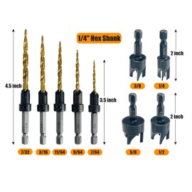 Socpuro 9Pcs Wood Countersink Drill Bit Set, Titanium Tapered Drill Bits and Wood Plug Cutter, Countersink Chamfer Drilling Tool for Woodworking and Carpentry (1/4" Hex Shank)
