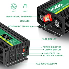JIGUUN Power Inverter 2000 Watt, DC 12V to AC 120V Pure Sine Wave Inverter with LCD Display, 4 AC Outlets&USB Output, Power Converter with Remote Control for RV Emergency Camping. (PRO2000W-12)
