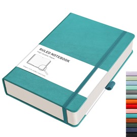 Rettacy Notebook A5 Lined: Thick Diary with 320 Numbered Pages, 1 Back Pocket and High-Quality Hardcover for Women and Men in the Office or School, 14.5 x 21 cm, Cyan