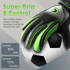 Clbort Soccer Goalie Gloves Youth Kids, Goalkeeper Gloves with Super Grip Palms, Anti-Slip Soccer Gloves, Double Wrist Protection (Green, 5)