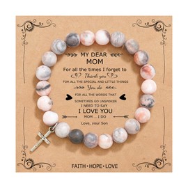 QWNHONEY Gift for Mom From Son Cross Beads Bracelet Pink Nature Stone Catholic Religious Faith Jewelry Gifts