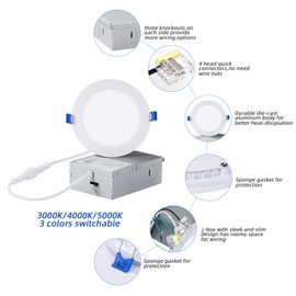 INCARLED 4Inch 3CCT LED Recessed Slim Pot Light with Junction Box, Dimmable IC Rated Ceiling Lighting 9W 750LM (10pack, 5000K/4000K/3000K-3CCT)