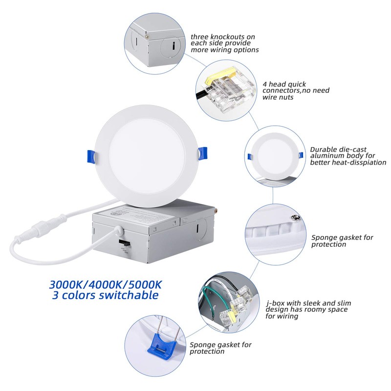 INCARLED 4Inch 3CCT LED Recessed Slim Pot Light with Junction