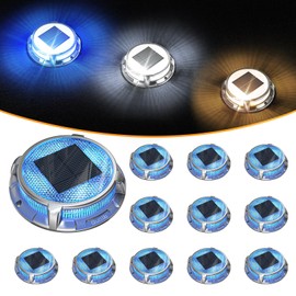 Quntis Solar Deck Lights Outdoor 12 Pack, 3 Color Modes Solar Driveway Lights IP68 Waterproof, Deck Light for Stair Pathway Pool Walkway Road (Blue/Cool White/Warm White)