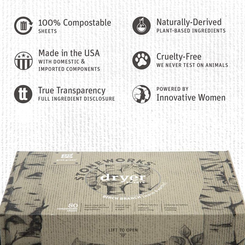 Grab Green Stoneworks Dryer Sheets, 160 Sheets, Birch Branch Scent,