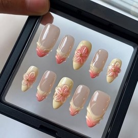 Ligth Yellow Press on Nails Medium Almond Handmade Nails with Glue,100% Handmade False Nails French Tip Nail Press ons 5D Flower Art Design Muti-Layer Gel Nail Luxury False Nails for Women (Size M)