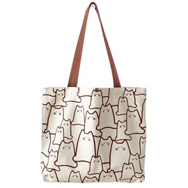 TSHAOUN Cat Canvas Tote Bag Tote Bag with Zipper Canvas Bag Reusable Cotton Shopping Bag with Bag Cute Cat Bag Beach Bag Aesthetic for Women, White