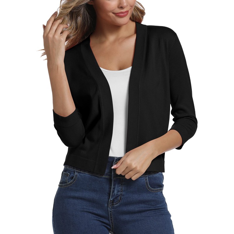 Women's 3/4 Sleeve Open Front Bolero Cardigan Shrug Solid Cardigan