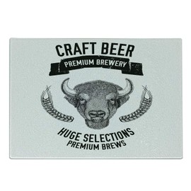 Lunarable Man Cave Cutting Board, Hand Drawn Beer Emblem with Buffalo Ox Bull Premium Brewery Design Selections, Decorative Tempered Glass Cutting and Serving Board, Small Size, Black White