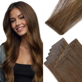 Benehair Tape in Hair Extensions Human Hair Invisible Skin Weft Remy #4 Medium Brown Seamless Injected Hair Extensions Real Human Straight 10 Pcs 16 Inches (25g)