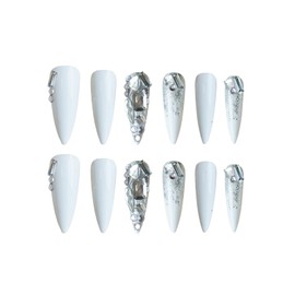 SINHOT Stiletto Press on Nails Long Fake Nails Luxury Rhinestones Acrylic Nails Glossy Glue on Nails White Almond Artificial Nails Stick on False Nails with Design 24 pcs