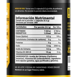 Safflower Oil D3 Blend de 300 softgels B Life D3+, Ingredientes naturales. Safflower Oil D3 Blend. B Life