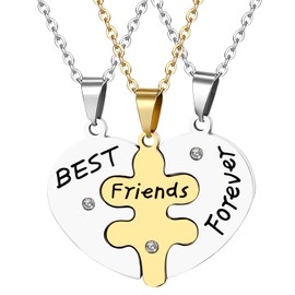 Cupimatch 3pcs Heart Puzzle Necklaces Set Stainless Steel BFF Best Friends Forever Friendship Necklaces Pendant Gift for Best Friend / Girlfriends, Stainless Steel