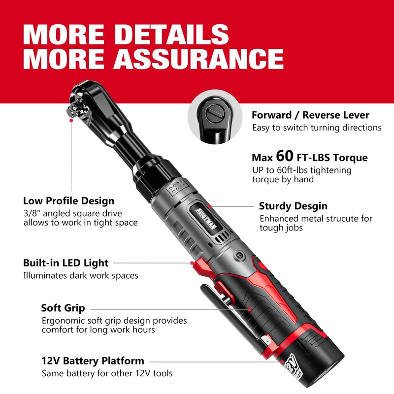 Alloyman 3/8" Cordless Ratchet Wrench Set, 60FT-LBS(80N.m) Electric Ratchet, 12V