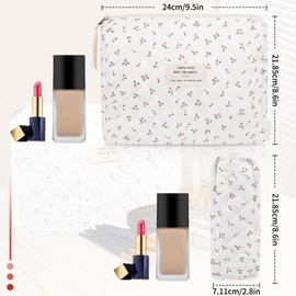 Makeup Bag Quilted Makeup Bags, Floral Cosmetic Bag for Women, Cute Cotton Makeup Bag, Flower Travel Toiletry Organizer Bag (White Cherry)