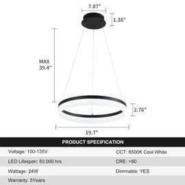 Buccleuch Black LED Chandelier, Dimmable Round Chandelier for Dining Room Light Fixture Over Table, 19.7 inch Modern Pendant Light for Kitchen Island, Height Adjustable Acrylic Ceiling Light