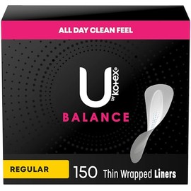 Kotex U by Kotex Balance Daily Wrapped Panty Liners for Women (Previously 'Barely There'), Light Absorbency, Regular Length, 150 Count (Packaging May Vary)