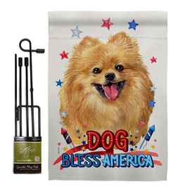 Breeze Decor Patriotic Pomeranian Garden Flag Set with Stand Animals Dog Puppy Spoiled Paw Canine Fur Pet Nature Farm Animal Creature Small Decorative Gift Yard House Banner Made in USA 13 X 18.5