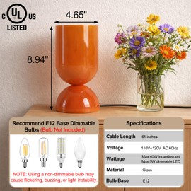 8.9" Modern Glass Table Lamp for Living Room, Dimmable Desk Lamps for Bedroom, UL Listed Nightstand Lamp with Dome Base, End Table Lamps for Home, Side Tables, College Dorm, Office, Glossy Orange
