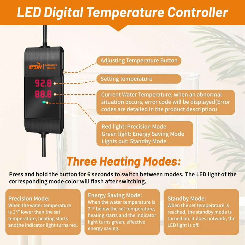 azw Aquarium Heater 300W/500W/800W, Fish Tank Heater with Digital LED