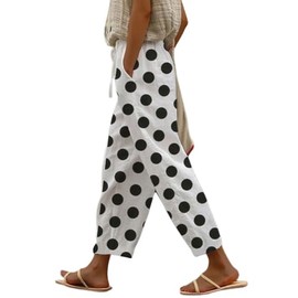 chouyatou Women's Vintage Floral Print High Elastic Waist Wide Leg Capri Beach Palazzo Pants with Pockets (Large, Polka Dot)