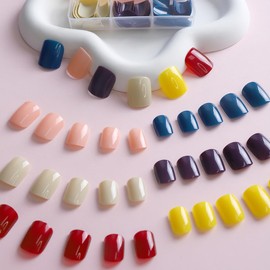 6 Packs（144 Pcs）Short Press on Nails Sqaure Fake Nails Full Cover False Nails Solid Color Glossy Acrylic Glue on Nails Stick on Nails Reusable Artificial Nails for Women Girls Manicure