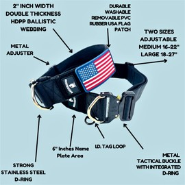 Tactical Dog Collar 2 Inch Wide Thick Heavy Duty Military Style with Metal Buckle, Adjustable for Medium - Large Breeds, Durable K9 Training Gear with Patch Area, USA Flag Patch, Strong and Secure Fit