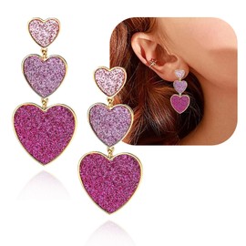 Pink Heart Dangle Earrings For Women Girls, Dainty Long Three Love Link Chain Dangling Earrings, Cute Gold Plated Glitter Drop Earrings, Birthday Wedding Valentine's Day Gifts (Pink Love Earrings)