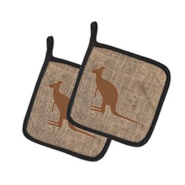 Caroline's Treasures BB1008-BL-BN-PTHD Kangaroo Faux Burlap and Brown Pair of Pot Holders, 7.5HX7.5W, Multicolor