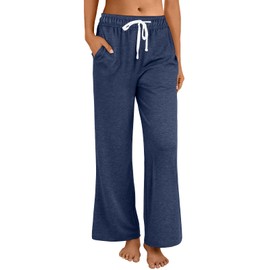 AUTOMET Wide Leg Sweatpants Women Lounge Casual Pajama Pants Baggy Workout Sweat Pants Fall Fashion Outfits with Pockets Navy S