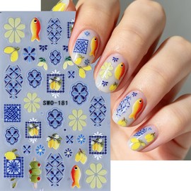 Boho Style Nail Art Stickers 3D Lemon Fish Nail Decals Self-Adhesive Vintage Nail Design Stickers Bohemian Blue Geometric Flower Nail Supplies for Women Summe Manicure Art Decorations, 2Pcs